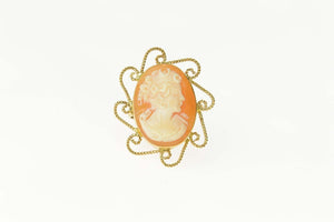 14K Carved Shell Cameo Swirl Filigree Halo Ring Size 6.75 Yellow Gold