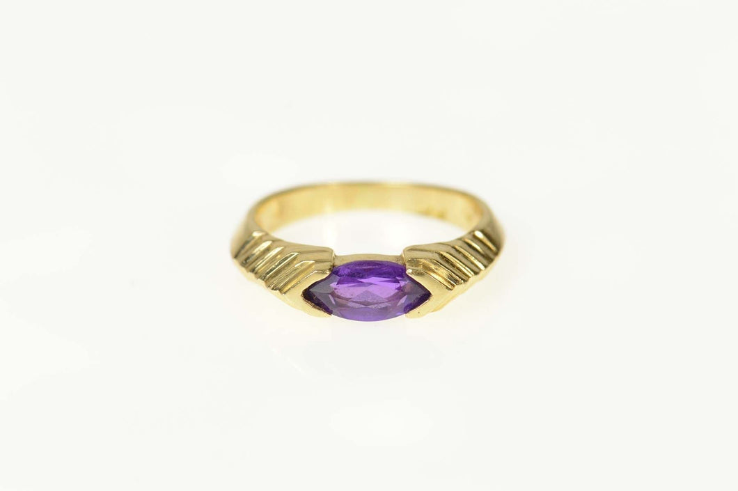 14K Marquise Amethyst Grooved Simple Statement Ring Size 3.25 Yellow Gold