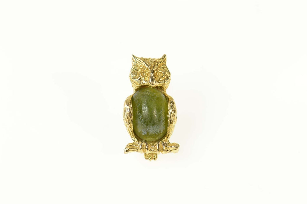 14K Oval Nephrite Owl Wisdom Symbol Lapel Pin/Brooch Yellow Gold