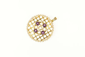 10K Ornate Seed Pearl Amethyst Lattice Round Pendant Yellow Gold