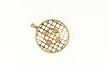 Load image into Gallery viewer, 10K Ornate Seed Pearl Amethyst Lattice Round Pendant Yellow Gold