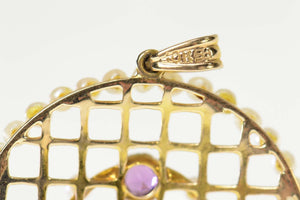 10K Ornate Seed Pearl Amethyst Lattice Round Pendant Yellow Gold