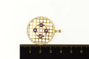 10K Ornate Seed Pearl Amethyst Lattice Round Pendant Yellow Gold