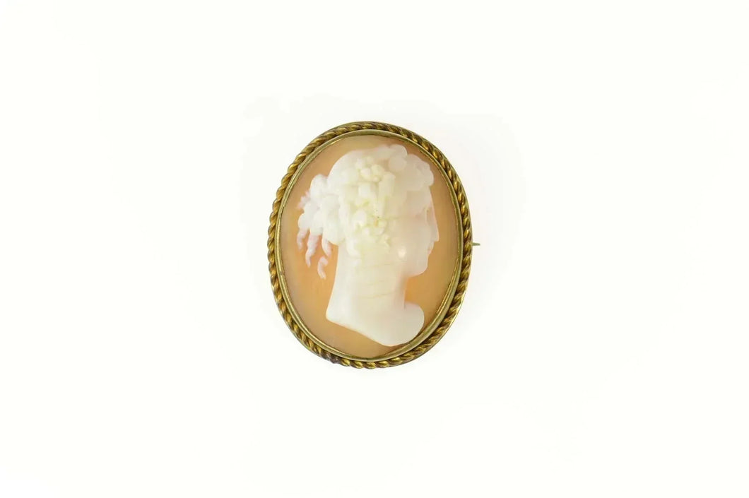 Gold Filled Ornate Victorian Lady Carved Shell Cameo Pin/Brooch