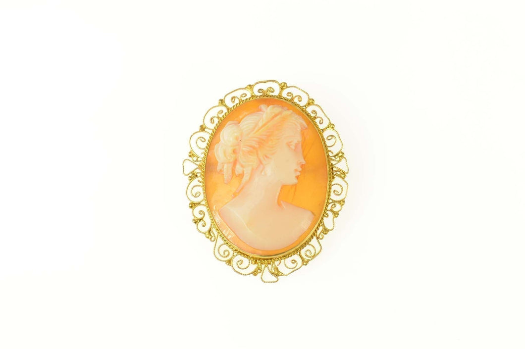 18K Carved Cameo Lady Filigree Trim Pendant/Pin Yellow Gold