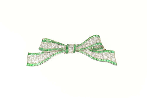 Platinum 4.65 Ctw Victorian Diamond Emerald Bow Pin/Brooch