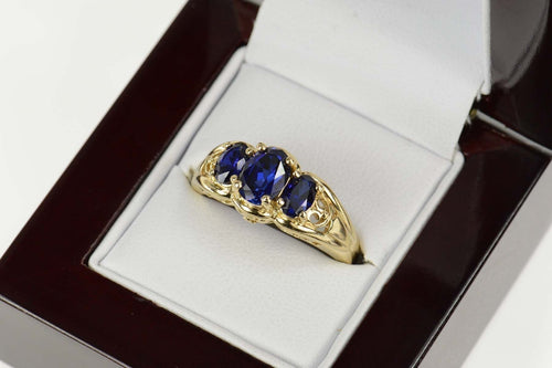 14K Ornate Three Stone Sim. Sapphire Engagement Ring Size 9.75 Yellow Gold