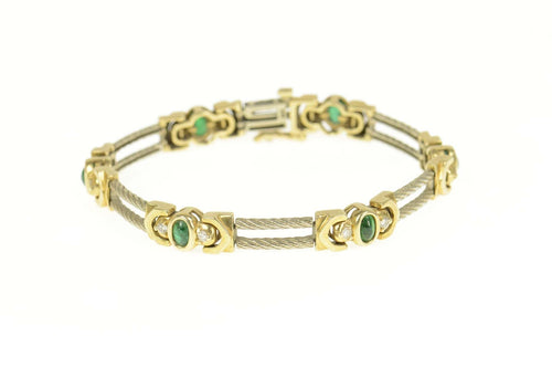 14K Two Tone Emerald Diamond Twist Bar Link Bracelet 7