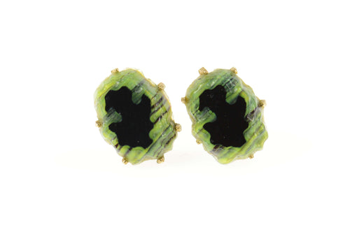 14K Green & Black Art Glass Statement Stud Earrings Yellow Gold