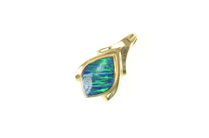 14K Syn. Black Opal Inlay Ornate Statement Pendant Yellow Gold