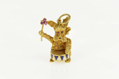 18K 1960's Ruby Enamel Drummer Dog Schnauzer Charm/Pendant Yellow Gold