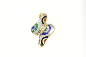 14K Geometric Stone Inlay Diamond Bypass Slide Pendant Yellow Gold
