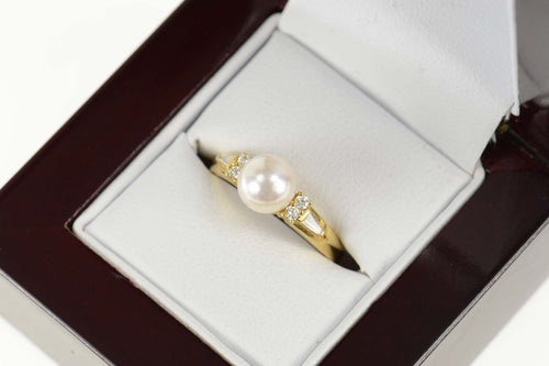 14K Mikimoto Pearl Diamond Classic Engagement Ring Size 6.5 Yellow Gold