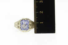 Load image into Gallery viewer, 10K Art Deco Masonic Compass Square Blue Topaz Ring Size 10.5 White Gold