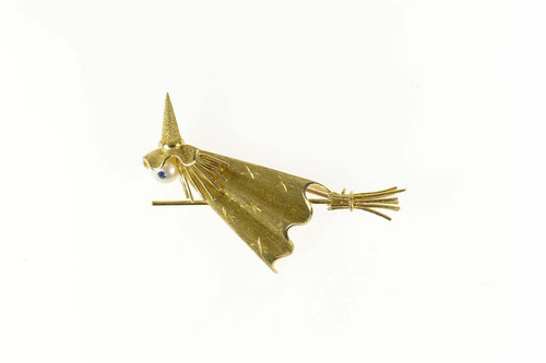 14K Retro Witch Riding Broomstick Pearl Sapphire Pin/Brooch Yellow Gold