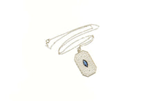 Load image into Gallery viewer, 10K Art Deco Ornate Filigree Syn. Sapphire Necklace 15&quot; White Gold