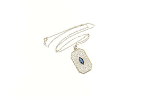 10K Art Deco Ornate Filigree Syn. Sapphire Necklace 15" White Gold
