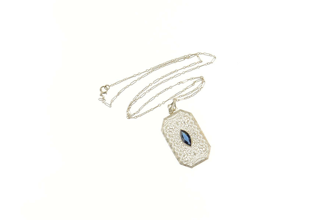 10K Art Deco Ornate Filigree Syn. Sapphire Necklace 15