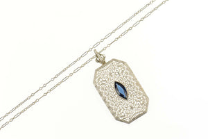 10K Art Deco Ornate Filigree Syn. Sapphire Necklace 15" White Gold