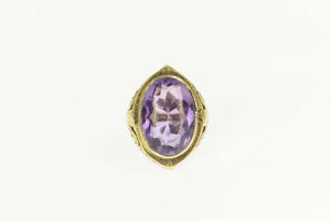 14K Art Nouveau Amethyst Ornate Scroll Cocktail Ring Size 6.75 Yellow Gold