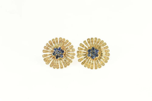 14K Round Sapphire Flower Cluster Stud Earrings Yellow Gold