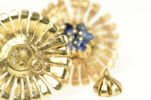 14K Round Sapphire Flower Cluster Stud Earrings Yellow Gold