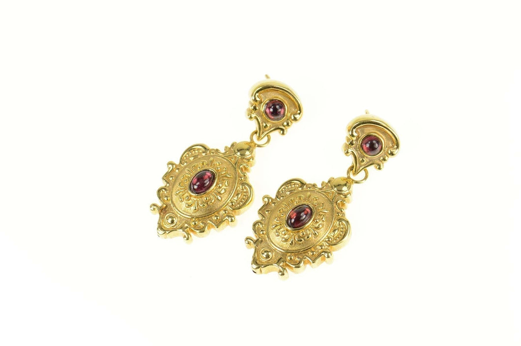 14K Garnet Puffy Ornamental Dangle Statement Earrings Yellow Gold