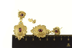 14K Garnet Puffy Ornamental Dangle Statement Earrings Yellow Gold