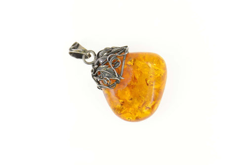 Sterling Silver Ornate Leaf Vine Natural Amber Stone Pendant