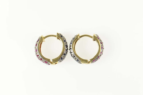 14K Pave Sapphire Ruby Encrusted Huggie Hoop Earrings Yellow Gold
