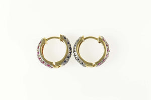 14K Pave Sapphire Ruby Encrusted Huggie Hoop Earrings Yellow Gold