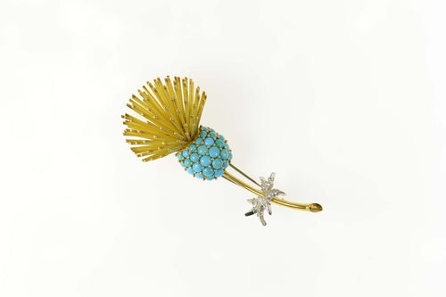 18K Retro Turquoise Thistle Strength Symbol Pin/Brooch Yellow Gold