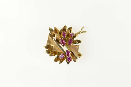 14K Oval Ruby Retro Geometric Flower Cluster Pin/Brooch Yellow Gold