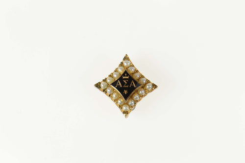 10K Alpha Sigma Alpha Seed Pearl Enamel Lapel Pin/Brooch Yellow Gold