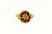 Load image into Gallery viewer, 14K Emerald Enamel Flower Statement Engagement Ring Size 8.25 Yellow Gold