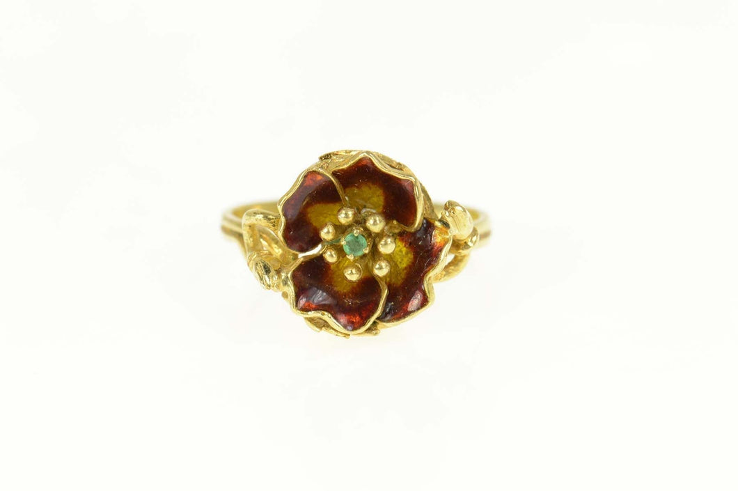 14K Emerald Enamel Flower Statement Engagement Ring Size 8.25 Yellow Gold