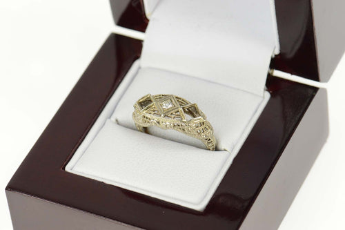 14K Diamond Ornate Art Deco Filigree Engagement Ring Size 3 White Gold