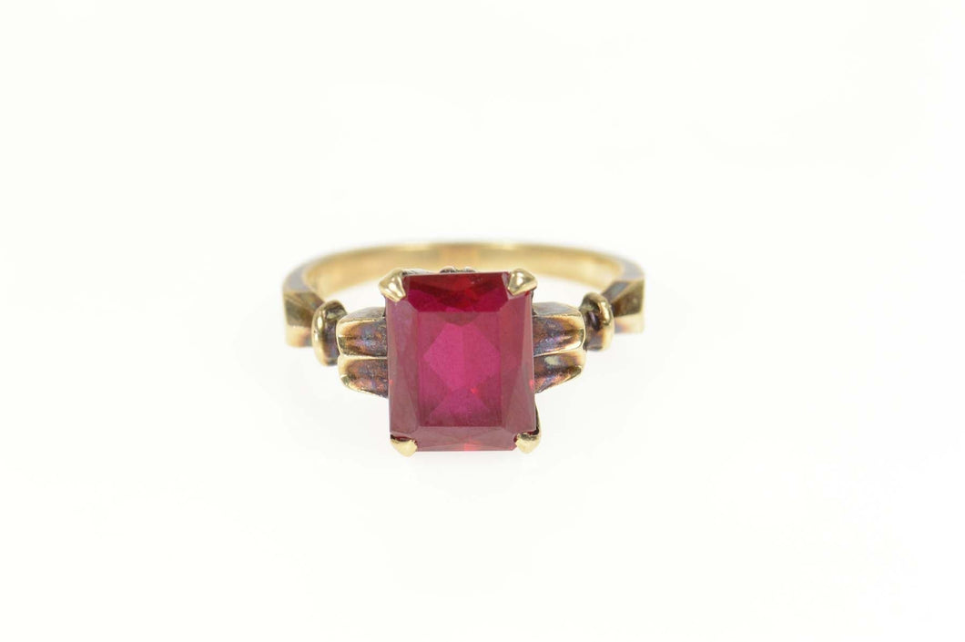 10K Emerald Cut Syn. Ruby 1940's Statement Ring Size 6.75 Yellow Gold
