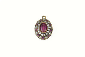 Sterling Silver Oval Syn. Ruby CZ Halo Ornate Statement Charm/Pendant