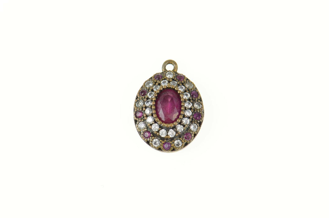 Sterling Silver Oval Syn. Ruby CZ Halo Ornate Statement Charm/Pendant