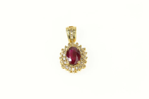 14K 1.79 Ctw Oval Ruby Diamond Halo Statement Pendant Yellow Gold