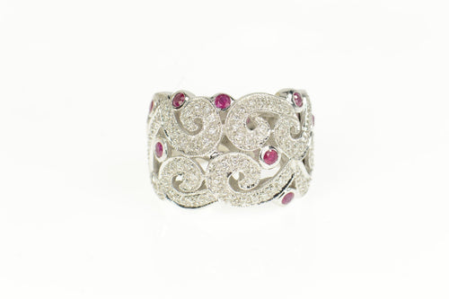 18K 1.07 Ctw Ruby Diamond Ornate Swirl Statement Ring Size 6 White Gold