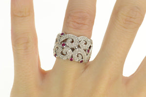 18K 1.07 Ctw Ruby Diamond Ornate Swirl Statement Ring Size 6 White Gold