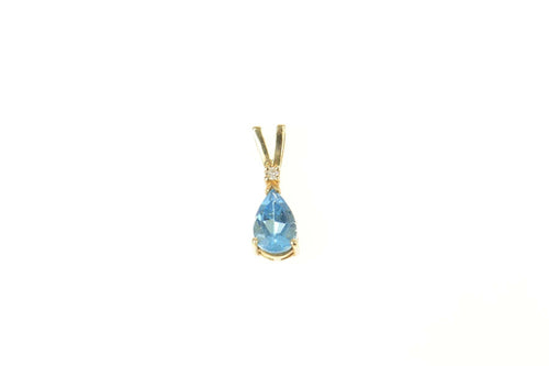 14K Pear Blue Topaz Diamond Accent Classic Pendant Yellow Gold