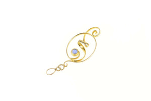14K Ornate Oval Swirl Statement Syn. Sapphire Pendant Yellow Gold