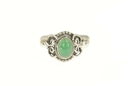 Sterling Silver Oval Green Chalcedony Ornate Scroll Ring Size 5.75
