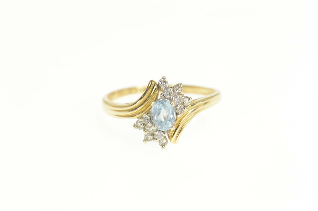 14K Oval Blue Topaz Diamond Cluster Bypass Ring Size 9.5 Yellow Gold