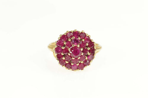 14K 1.80 Ctw Ornate Round Ruby Halo Cocktail Ring Size 6.75 Yellow Gold