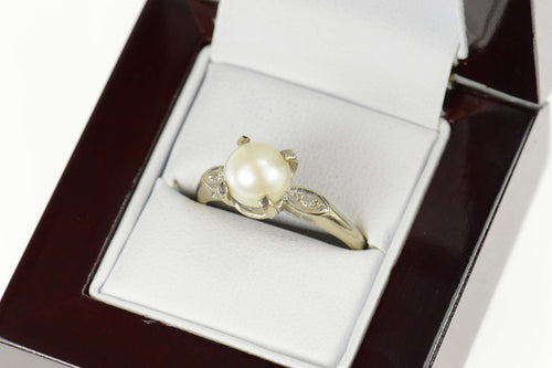 14K 1940's Classic Pearl Diamond Engagement Ring Size 10.25 Yellow Gold