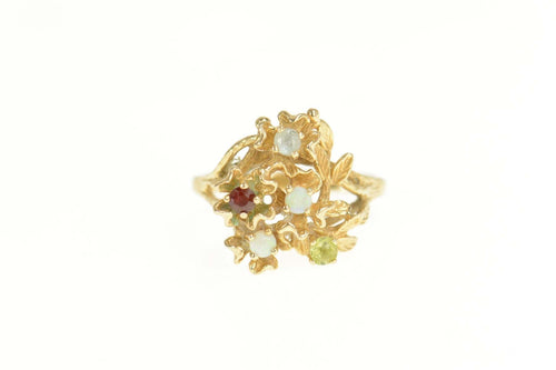 14K Ruby Blue Topaz Opal Floral Cocktail Ring Size 6 Yellow Gold